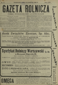Gazeta Rolnicza : pismo tygodniowe ilustrowane. R. 64, nr 17 (25 kwietnia 1924)