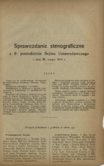 Sprawozdanie Stenograficzne z 9 Posiedzenia Sejmu Ustawodawczego dnia 28 lutego 1919