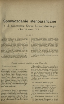 Sprawozdanie Stenograficzne z 15 Posiedzenia Sejmu Ustawodawczego z dnia 18 marca 1919 r.