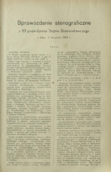 Sprawozdanie Stenograficzne z 83 Posiedzenia Sejmu Ustawodawczego z dnia 1 sierpnia 1919 r.