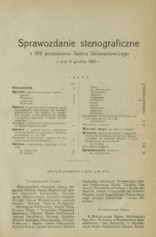 Sprawozdanie Stenograficzne z 192 Posiedzenia Sejmu Ustawodawczego z dnia 2 grudnia 1920 r.