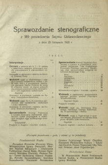 Sprawozdanie Stenograficzne z 189 Posiedzenia Sejmu Ustawodawczego z dnia 25 listopada 1920 r.