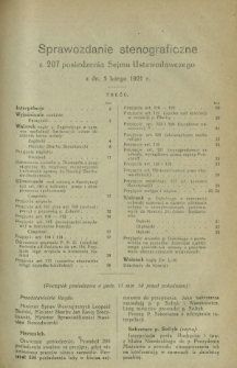Sprawozdanie Stenograficzne z 207 Posiedzenia Sejmu Ustawodawczego z dnia 5 lutego 1921 r.
