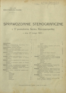 Sprawozdanie Stenograficzne z 17 Posiedzenia Sejmu Rzeczypospolitej z dnia 27 lutego 1923 r. (I Kadencja 1922-1927)