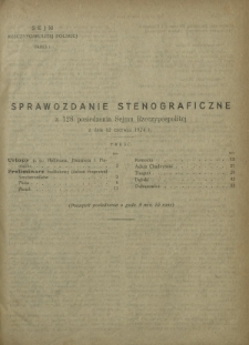 Sprawozdanie Stenograficzne z 128 Posiedzenia Sejmu Rzeczypospolitej z dnia 12 czerwca 1924 r. (I Kadencja 1922-1927)