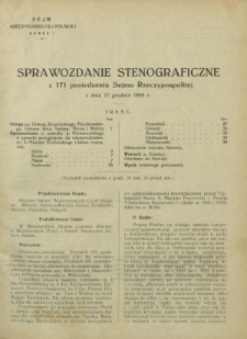 Sprawozdanie Stenograficzne z 171 Posiedzenia Sejmu Rzeczypospolitej z dnia 17 grudnia 1924 r. (I Kadencja 1922-1927)
