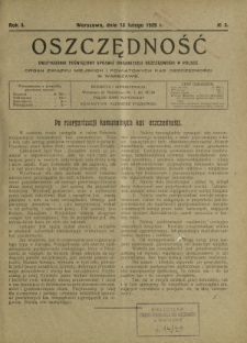 Oszczędność : dwutygodnik poświęcony sprawie organizacji oszczędności w Polsce. R. 5, nr 3 (15 lutego 1929)
