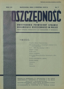 Oszczędność : dwutygodnik poświęcony sprawie organizacji oszczędności w Polsce. R. 15, nr 7 (5 kwietnia 1939)