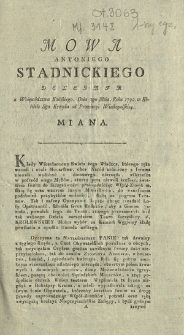 Mowa Antoniego Stadnickiego Delegata z Woięwództwa (!) Kaliskiego, Dnia 3go Maia, Roku 1792. w Kościele Sgo Krzyża od Prowincyi Wielkopolskiey. Miana