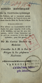 Notices Historiques Sur la Constitution èpidemique Du Cathare [...]