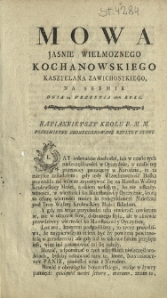 Mowa Jasnie Wielmoznego Kochanowskiego Kasztelana Zawichostkiego, Na Seymie Dnia 24 Wrzesnia 1776 Roku
