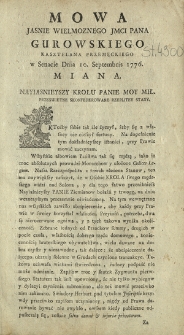 Mowa Jasnie Wielmoznego Jmci Pana Gurowskiego Kasztelana Przemęckiego w Senacie Dnia 10. Septembris 1776. Miana