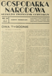 Gospodarka Narodowa : niezależny dwutygodnik gospodarczy. [R. 2], nr 20 (15 października 1932)