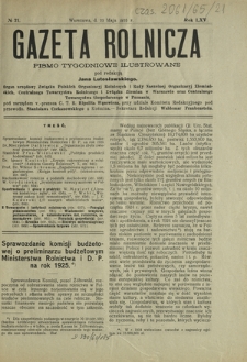 Gazeta Rolnicza : pismo tygodniowe ilustrowane. R. 65, nr 21 (22 maja 1925)