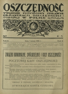 Oszczędność : tygodnik poświęcony sprawie organizacji oszczędności w Polsce. R. 2, nr 4-5 (7 lutego 1926)