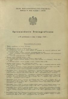 Sprawozdanie Stenograficzne z 65 Posiedzenia Sejmu Rzeczypospolitej w dniu 1 lutego 1938 r. (IV Kadencja 1935-1938)