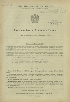 Sprawozdanie Stenograficzne z 73 Posiedzenia Sejmu Rzeczypospolitej w dniu 19 lutego 1938 r. (IV Kadencja 1935-1938)