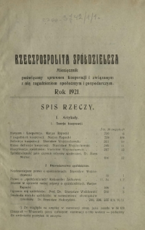 Rzeczpospolita Spółdzielcza : organ Związku Polskich Stowarzyszeń Spożywców R. 1921 - Spis rzeczy
