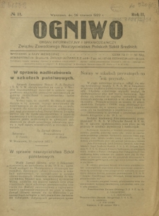 Ogniwo : organ informacyjny i sprawozdawczy Związku Zawodowego Nauczycielstwa Polskich Szkół Średnich R. 2, Nr 11 (26 czerwca 1922)