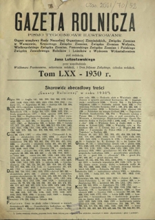 Gazeta Rolnicza : pismo tygodniowe ilustrowane. R. 70 (1930) - skorowidz abecadłowy treści