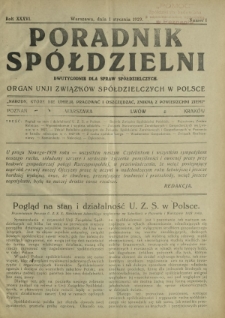 Poradnik Spółdzielni : dwutygodnik dla spraw spółdzielczych organ Unji Związków Spółdzielczych w Polsce. R. 36, nr 1 (1 stycznia 1929)