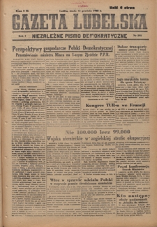 Gazeta Lubelska : niezależne pismo demokratyczne. R. 1, nr 292 (12 grudnia 1945)