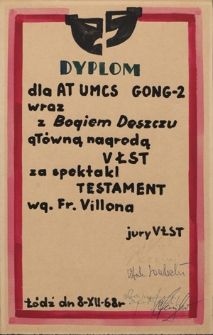 Dyplom dla AT UMCS GONG-2 wraz z Bogiem Deszczu (8.12.1968) - "Testament"
