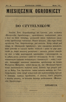 Miesięcznik Ogrodniczy : organ Sekcji Ogrodniczej Tow. Gospodarskiego we Lwowie. R. 6, Nr 4 (kwiecień 1922)