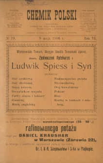 Chemik Polski : tygodnik poświęcony wszystkim gałęziom chemii teoretycznej i stosowanej / red. Br. Znatowicz. R. 6, nr 19 (9 maja 1906)