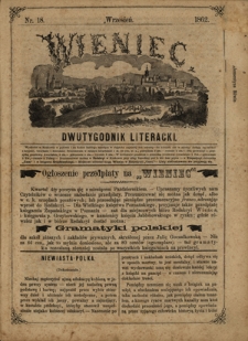 Wieniec : dwutygodnik literacki / redaktor odpowiedzialny Goczałkowska Julia. Nr 18 (wrzesień 1862)