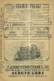 Chemik Polski : czasopismo poświęcone wszystkim gałęziom chemii teoretycznej i stosowanej / red. i wyd. B. Miklaszewski. R. 14, nr 6 (15 marca 1914)