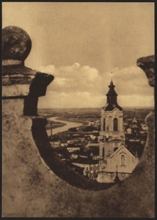 Przemyśl. Widok z baszty zamkowej na wieżę katedralną i San