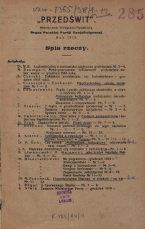 Przedświt : miesięcznik polityczno-społeczny : organ Polskiej Partyi Socyalistycznej. Spis rzeczy R. 38 (1919)