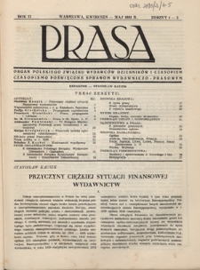 Prasa : organ Polskiego Związku Wydawców Dzienników i Czasopism : czasopismo poświęcone sprawom wydawniczo-prasowym. R. 2, z. 4-5 (kwiecień-maj 1931)