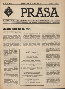 Prasa : organ Polskiego Związku Wydawców Dzienników i Czasopism : czasopismo poświęcone sprawom wydawniczo-prasowym. R. 9, nr 1 (styczeń 1938)