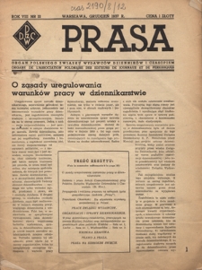 Prasa : organ Polskiego Związku Wydawców Dzienników i Czasopism : czasopismo poświęcone sprawom wydawniczo-prasowym. R. 8, nr 12 (grudzień 1937)