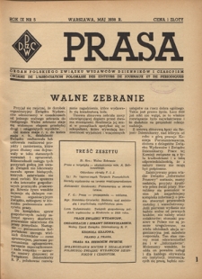 Prasa : organ Polskiego Związku Wydawców Dzienników i Czasopism : czasopismo poświęcone sprawom wydawniczo-prasowym. R. 9, nr 5 (maj 1938)