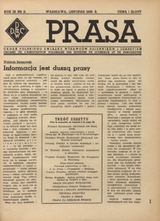Prasa : organ Polskiego Związku Wydawców Dzienników i Czasopism : czasopismo poświęcone sprawom wydawniczo-prasowym. R. 9, nr 11 (listopad 1938)