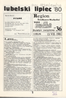 Region Środkowo-Wschodni NSZZ "Solidarność" : biuletyn związkowy Nr 36 (13 lip. 1981)