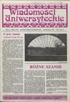 Wiadomości Uniwersyteckie / Uniwersytet Marii Curie-Skłodowskiej R. 4, nr 4=27 (czerwiec-lipiec 1994)