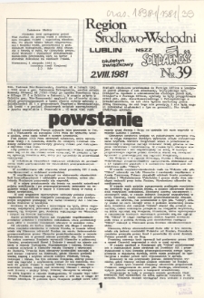 Region Środkowo-Wschodni NSZZ "Solidarność" : biuletyn związkowy Nr 39 (2 sierp. 1981)