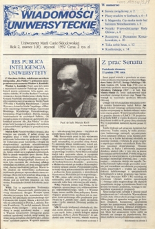 Wiadomości Uniwersyteckie / Uniwersytet Marii Curie-Skłodowskiej R. 2, nr 1=8 (styczeń 1992)