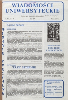 Wiadomości Uniwersyteckie / Uniwersytet Marii Curie-Skłodowskiej R. 2, nr 2=9 (luty 1992)