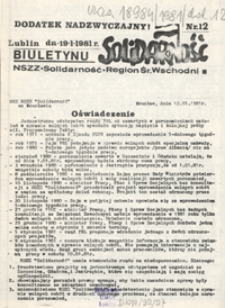 Dodatek Nadzwyczajny Biuletynu Infromacyjnego "Solidarność" Region Środkowo-Wschodni Nr 12 (19 stycz. 1981)