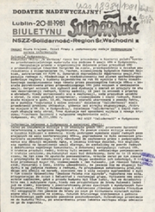 Dodatek Nadzwyczajny Biuletynu Infromacyjnego "Solidarność" Region Środkowo-Wschodni 20 marz. 1981