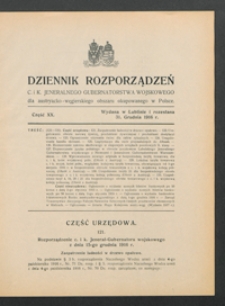 Dziennik Rozporządzeń c. i k. Jeneralnego Gubernatorstwa Wojskowego dla Austryacko-Węgierskiego Obszaru Okupowanego w Polsce 1916, Cz. 20 (31 grudz.)