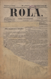 Rola : pismo tygodniowe / pod redakcyą Jana Jeleńskiego. R. 2, nr 5 (21 stycznia (2 lutego)1884