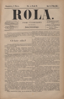Rola : pismo tygodniowe / pod redakcyą Jana Jeleńskiego. R. 2, nr 11 (3 (15) marca 1884)