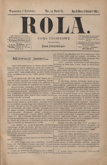 Rola : pismo tygodniowe / pod redakcyą Jana Jeleńskiego. R. 2, nr 14 (24 marca (5 kwietnia) 1884)