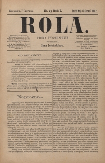 Rola : pismo tygodniowe / pod redakcyą Jana Jeleńskiego. R. 2, nr 23 (26 maja (7 czerwca) 1884)